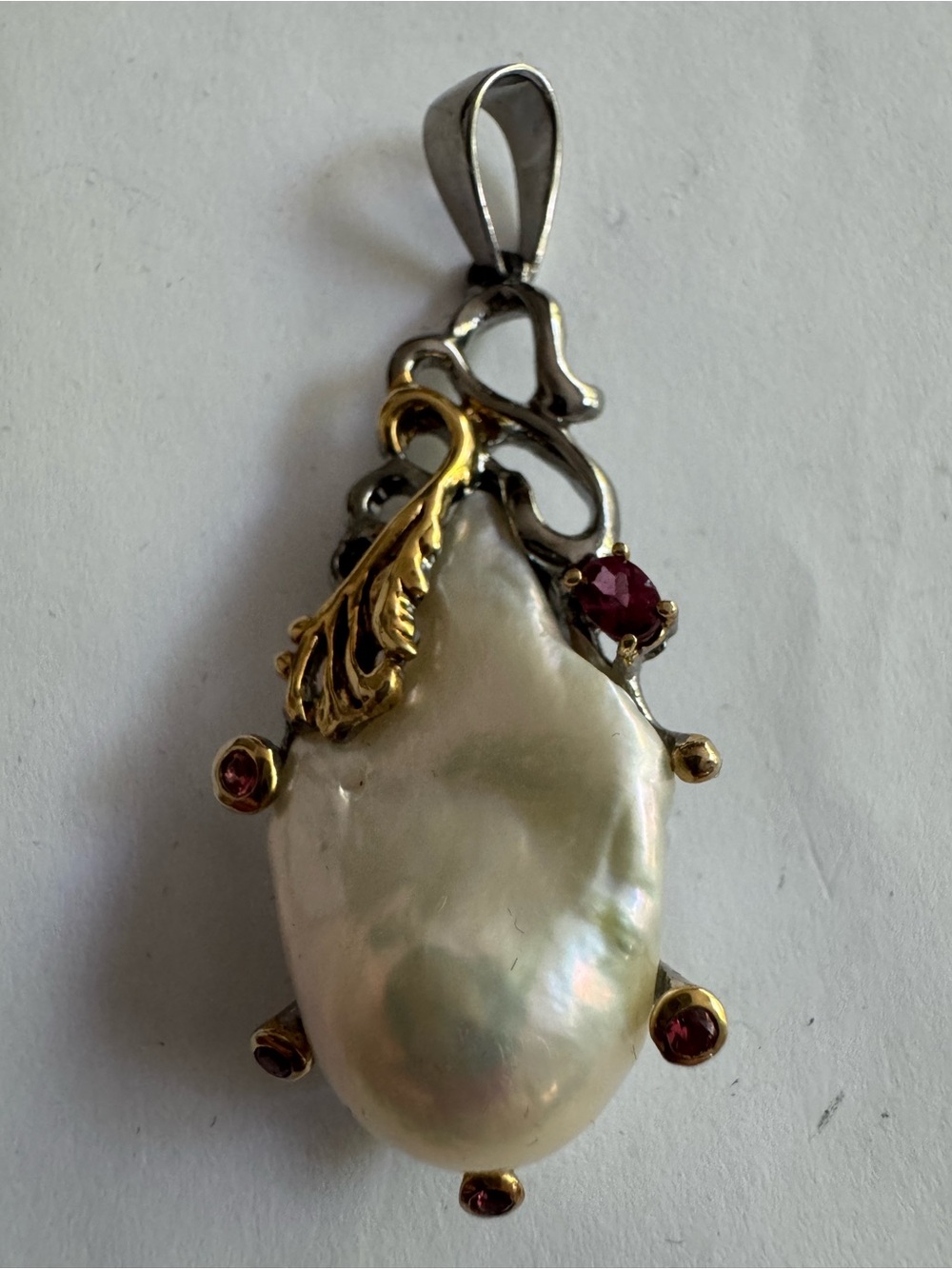 Stamped 925  Baroque Pearl Pendant with Gold Leaf and Pink Gem Accents